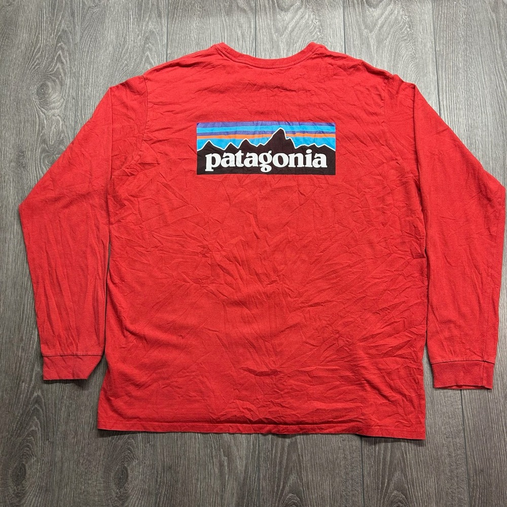 Patagonia Mens XXL Red Long Sleeve P-6 Logo Responsibili-Tee Graphic Shirt